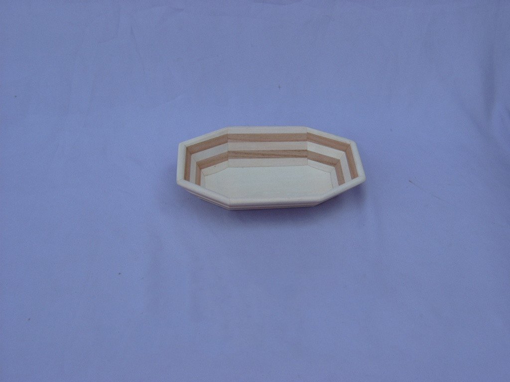 Small octagonal wooden serving tray with two-tone wood inlay striped rim