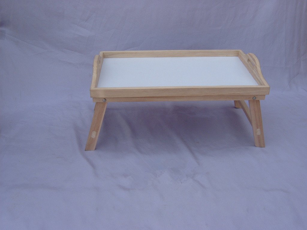 Rectangular wooden bed / breakfast tray with folding legs and side cutout handle