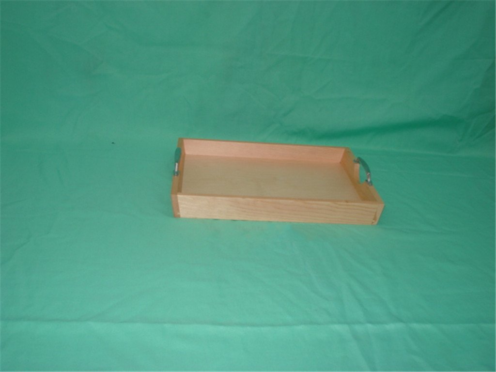 Rectangular wooden serving tray with two metal carrying handles