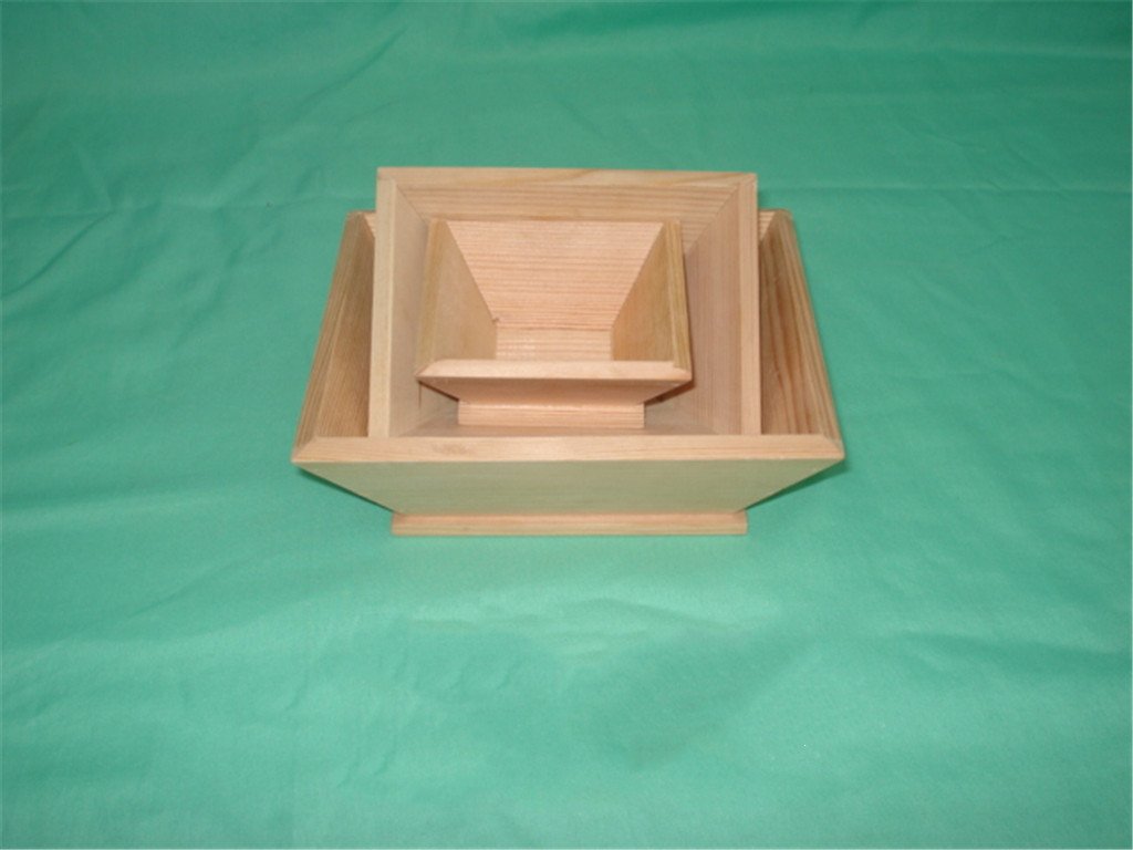 Square stepped-tier wooden display tray with raised center platform