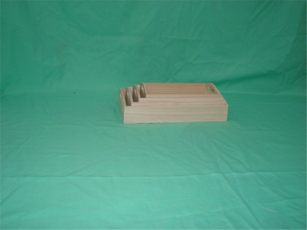 Rectangular wooden tray with fitted lid, side cutout handles and internal compartments