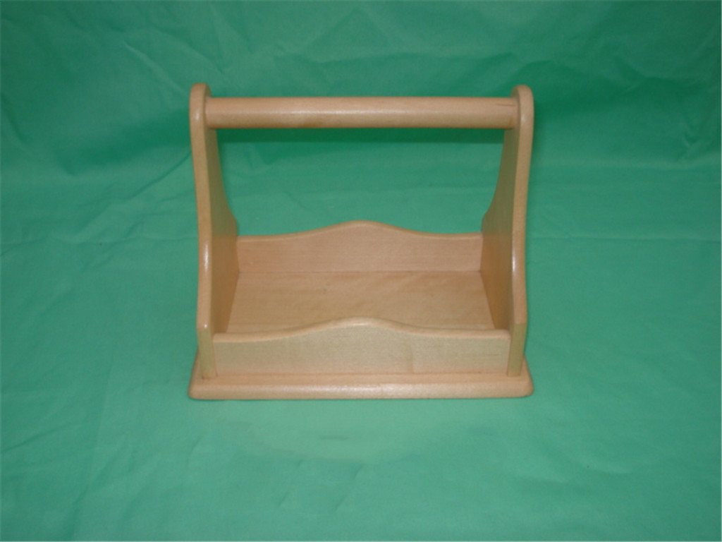 Square wooden serving caddy with two arched dividers and tall rounded top handle
