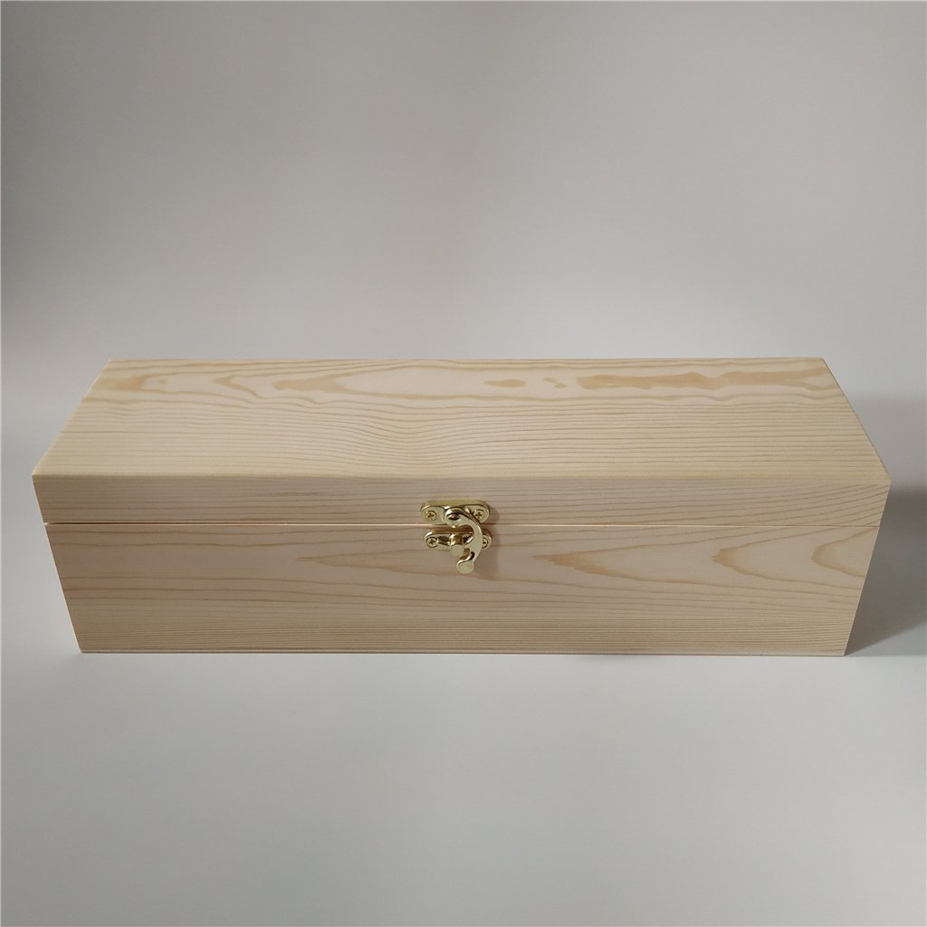 Tall triangular gable-top hinged natural-pine wooden wine box for single bottle, brass hook latch