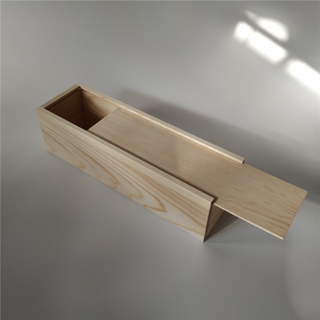 Open triangular gable-top natural-pine wooden wine box showing interior bottle compartment with sliding lid