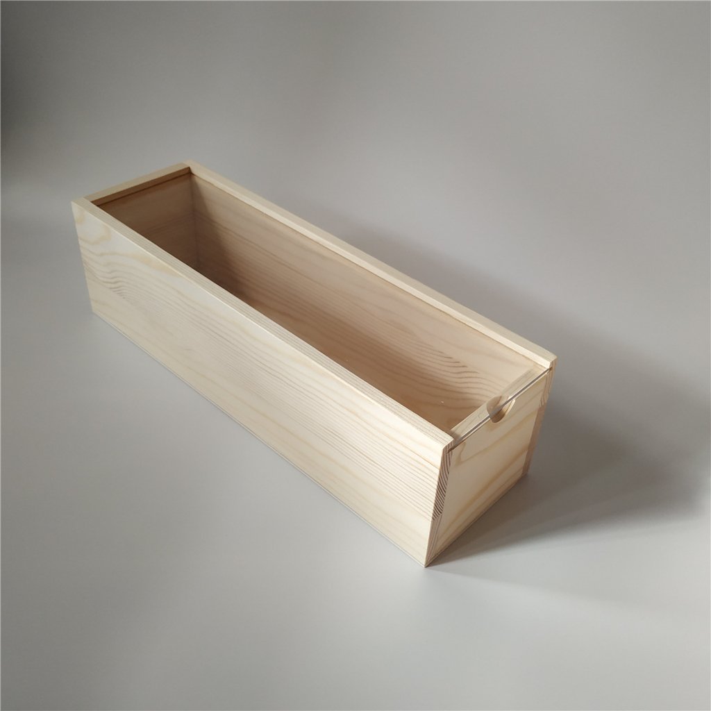 Open triangular natural-pine wooden wine box with sliding interior panel and bottle compartment