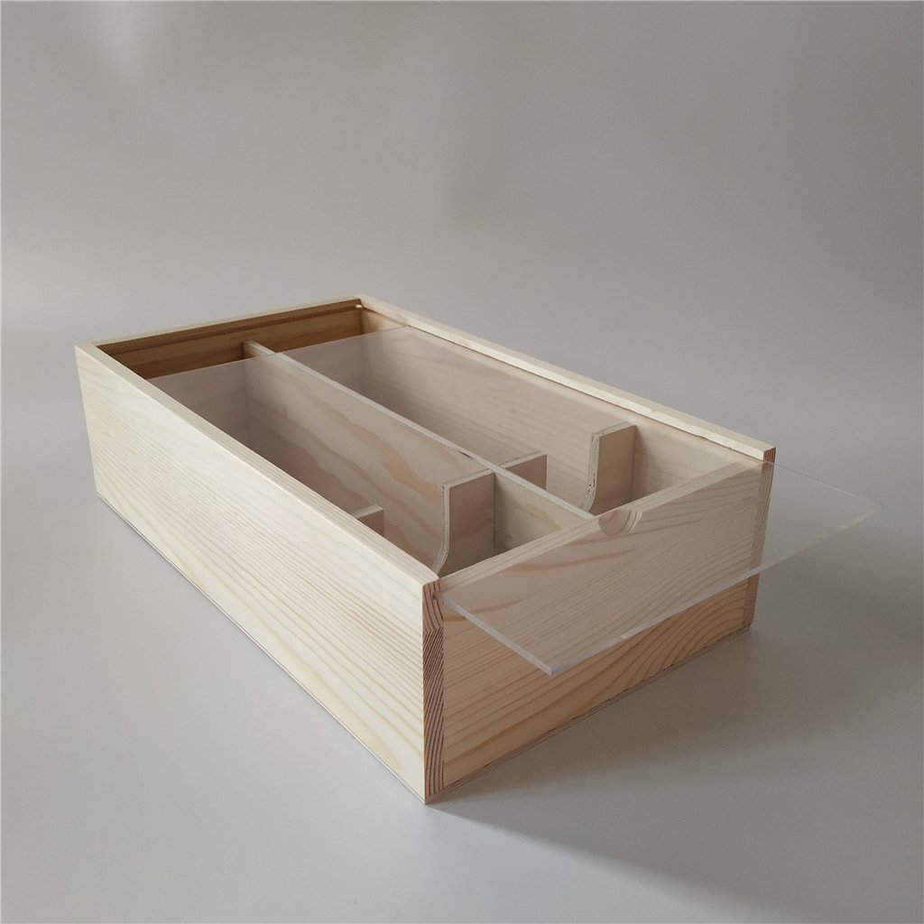 Open triangular natural-pine wooden wine box with 2x2 internal compartments and clear acrylic sliding front