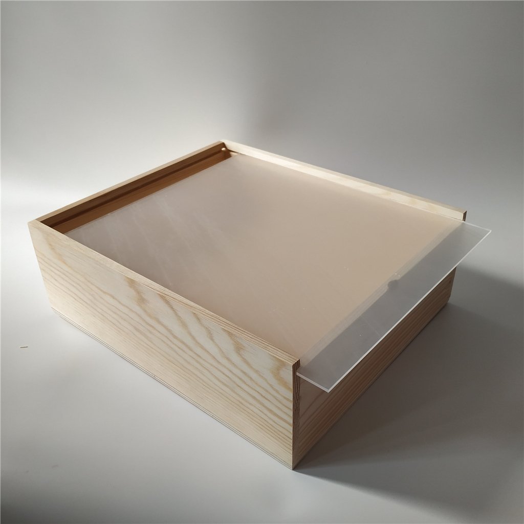 Open triangular natural-pine wooden wine box with single bottle slot and clear acrylic sliding front