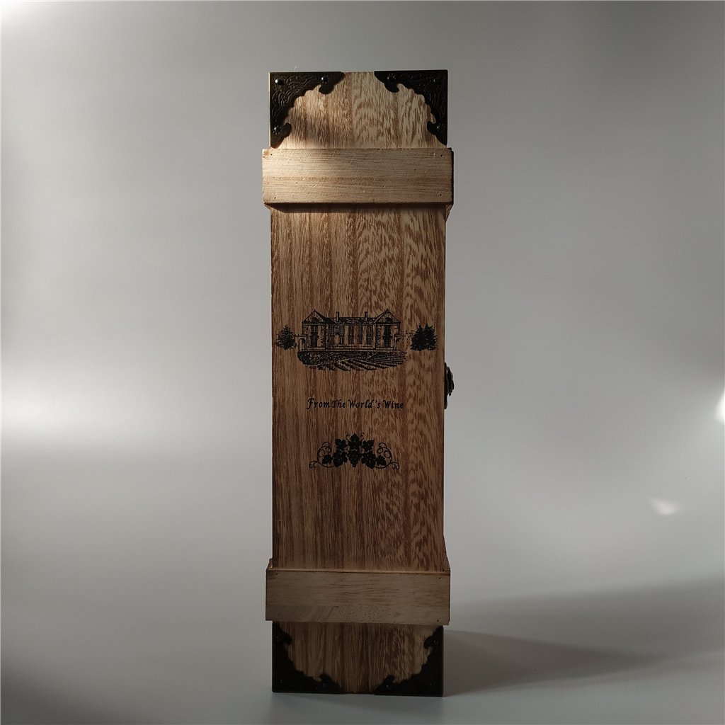 Long flat rectangular oak wooden wine box with black Frontier Noah's Wine engraved logo, two metal straps and corner brackets