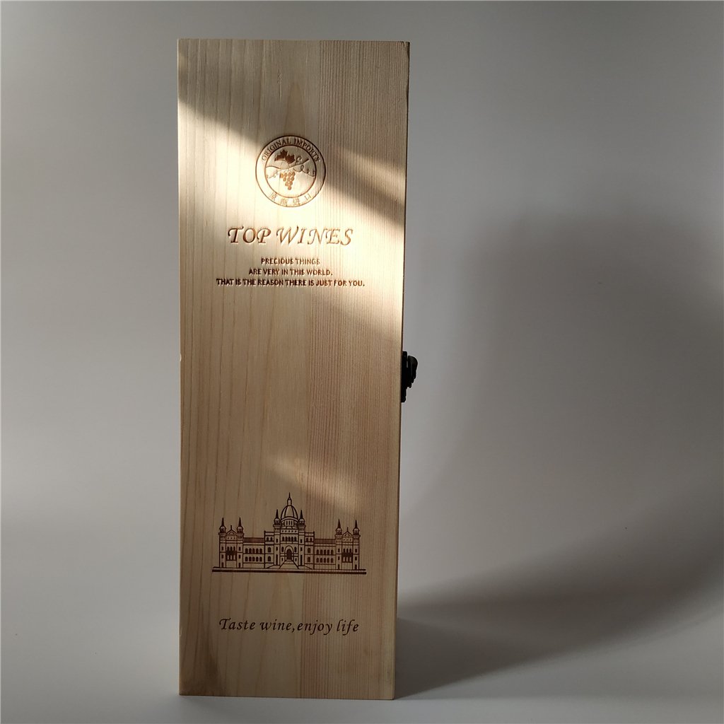 Long flat rectangular natural-pine wooden wine box with Top Wines engraved logo and Taj Mahal illustration