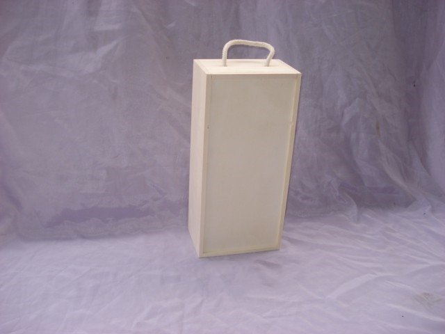 Tall rectangular natural-pine wooden wine box with white arched top handle and blank front panel