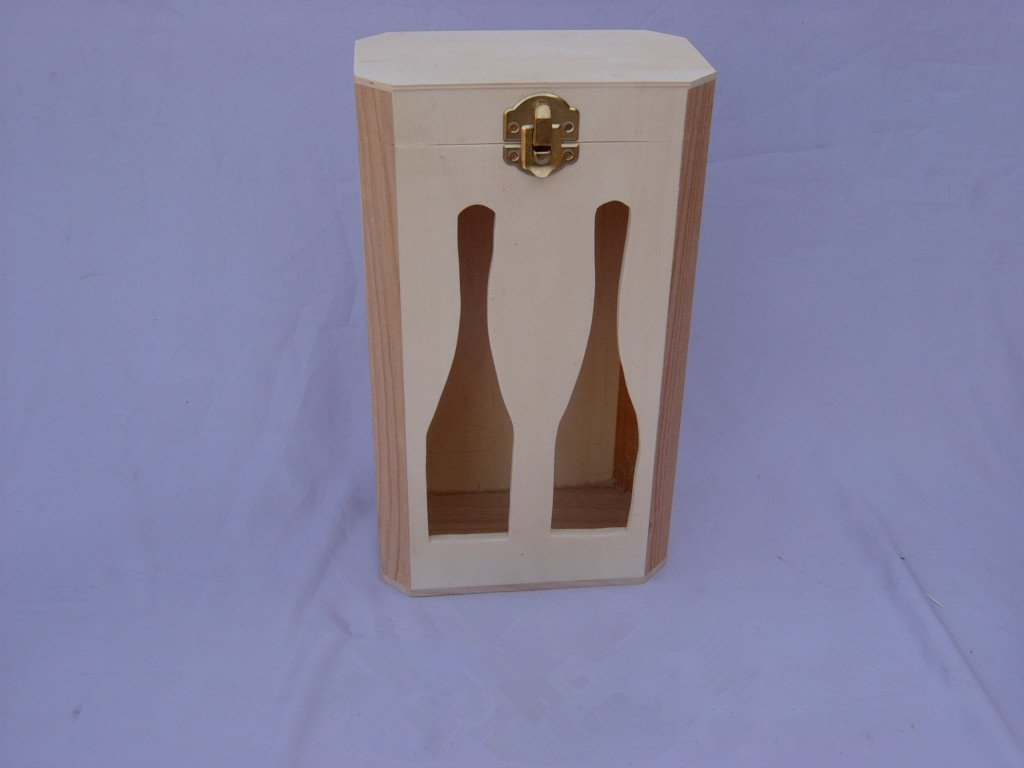 Tall two-bottle natural-pine wooden wine box with bottle-shaped cutout windows on the front and brass latch