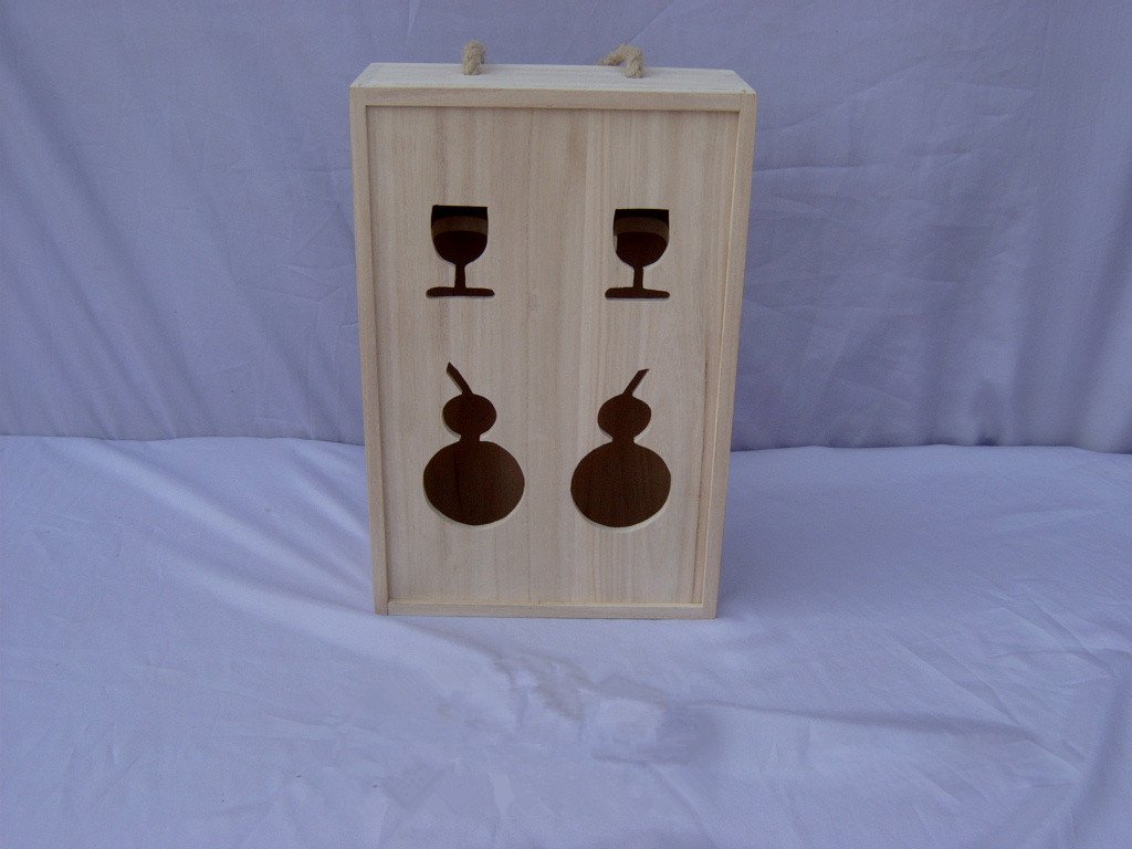 Tall two-bottle natural-pine wooden wine box with engraved wine glass and bottle decanter illustrations on the front