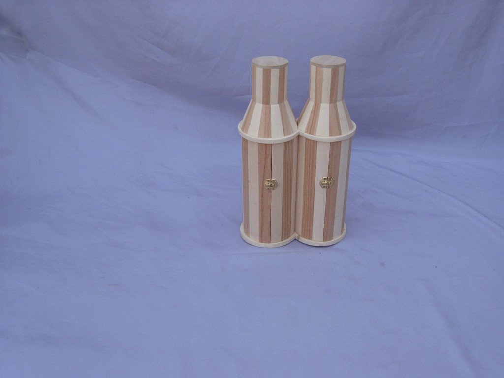 Double two-tone striped vertical bottle-shaped wooden wine box with bottle silhouette windows and brass latches