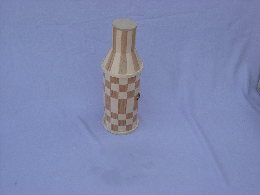 Single two-tone striped bottle-shaped wooden wine box with checkered pattern body and brass latch