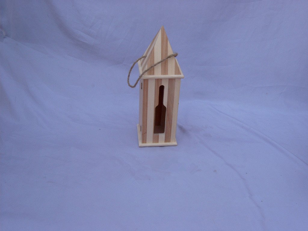 Vertical two-tone striped house / tower shaped single-bottle wooden wine box with bottle-shaped window and rope top handle