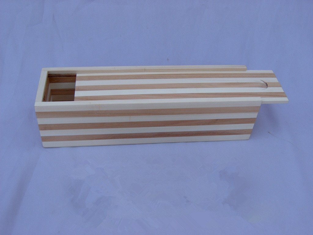 Long rectangular horizontal two-tone striped single-bottle wooden wine box with sliding lid and side handle cutout