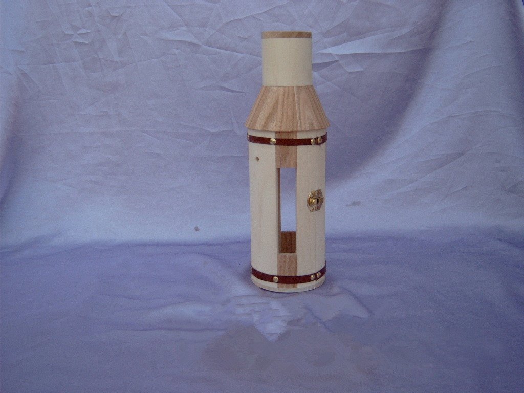 Tall lighthouse-shaped natural-pine wooden wine box with red banded stripes, brass studs, brass latch and bottle-shaped window