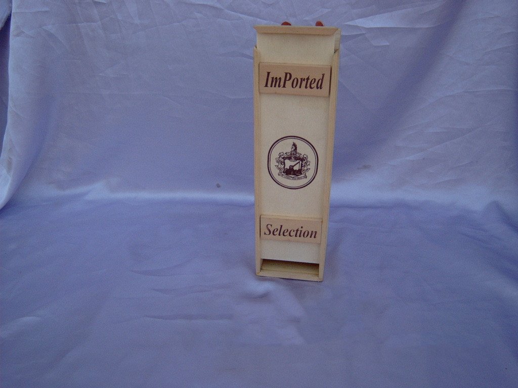 Tall flat single-bottle natural-pine wooden wine box with Imported Selection engraved text and crest logo, sliding top panel