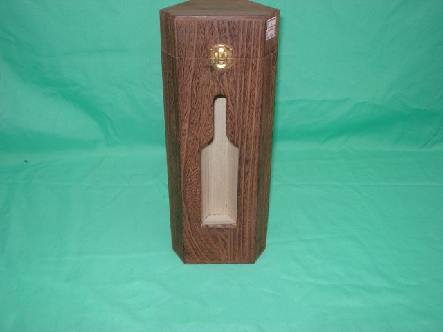 Tall single-bottle octagonal dark walnut wooden wine box with bottle-shaped window and brass latch