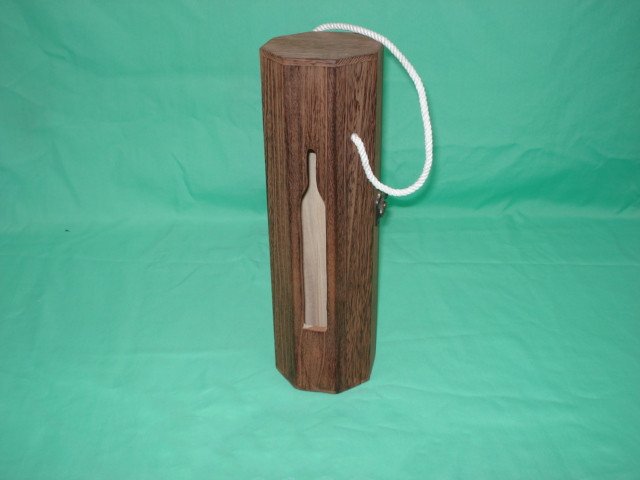Tall single-bottle octagonal dark walnut wooden wine box with vertical bottle-shaped window and white rope side handle