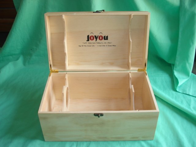 Open natural-pine wooden wine storage chest with JOYOU logo printed on inside lid and internal divider for two bottles